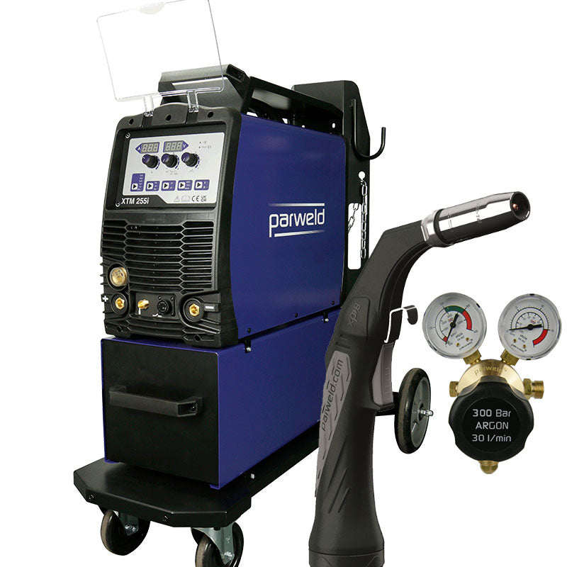Parweld XTM 255i dual-voltage multi-process MIG, Lift TIG and MMA inverter welder on trolley
