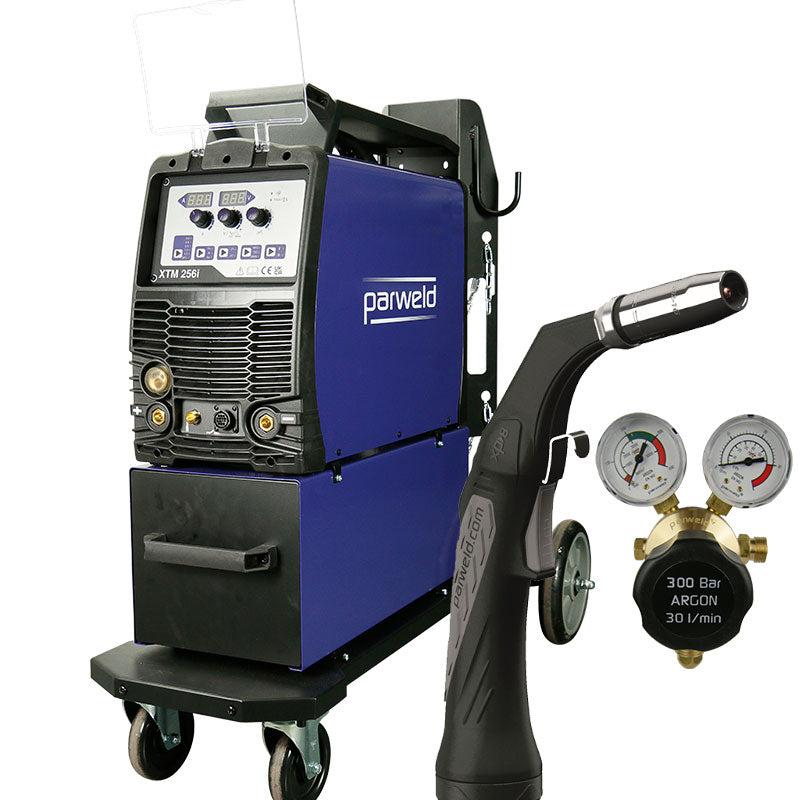 Parweld XTM256i 400V multi-process MIG, Lift TIG and MMA welder on trolley