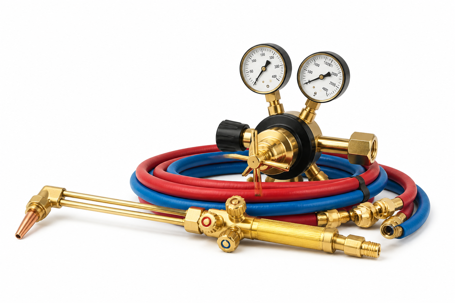 Gas welding regulator, hoses and cutting torch